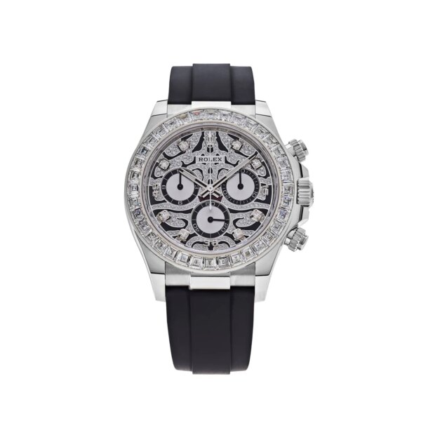Rolex Daytona Eye of the Tiger 116589TBR with 40mm 18k white gold case, diamond-set bezel, tiger-patterned dial, and black Oysterflex strap, powered by Rolex Caliber 4130.