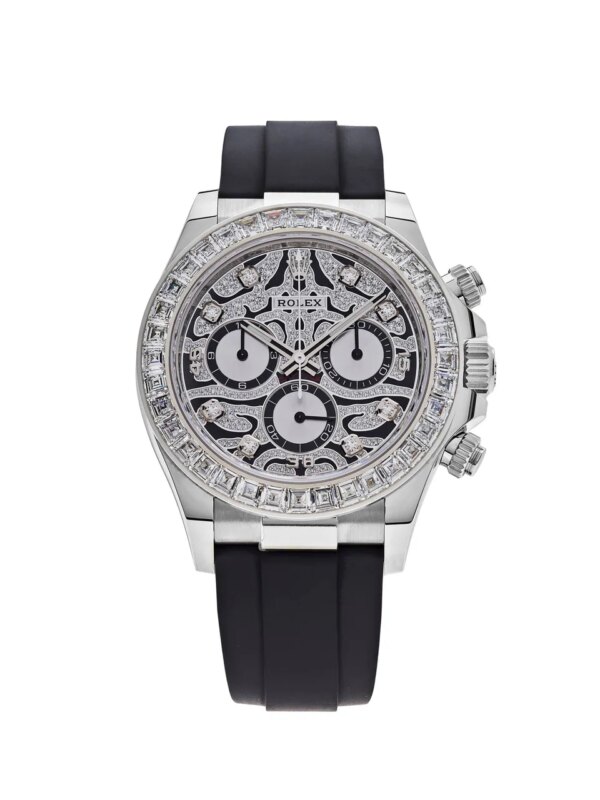 Rolex Daytona Eye of the Tiger 116589TBR with 40mm 18k white gold case, diamond-set bezel, tiger-patterned dial, and black Oysterflex strap, powered by Rolex Caliber 4130.