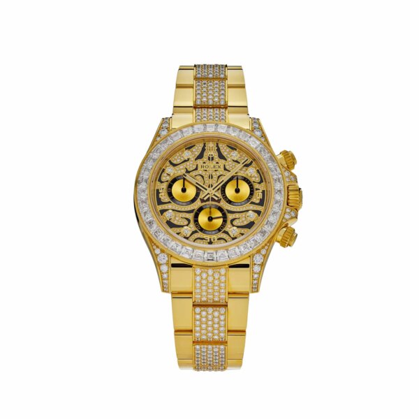 Rolex Daytona 116598TBR 'Eye of the Tiger' with 40mm yellow gold case, diamond-set bezel, tiger-patterned dial, and yellow gold Oyster bracelet, powered by Rolex Caliber 4130.