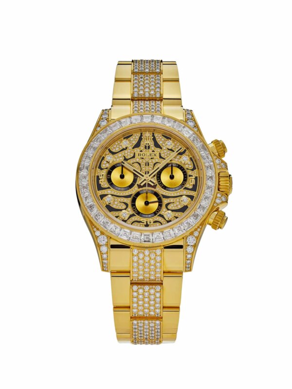 Rolex Daytona 116598TBR 'Eye of the Tiger' with 40mm yellow gold case, diamond-set bezel, tiger-patterned dial, and yellow gold Oyster bracelet, powered by Rolex Caliber 4130.