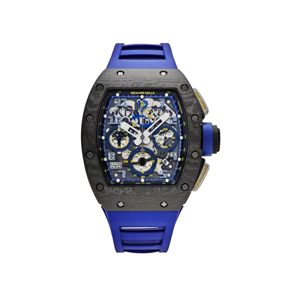 Richard Mille RM 011 Felipe Massa '10th Anniversary' with carbon NTPT case, blue and yellow accents, flyback chronograph, and skeletonized sapphire dial.