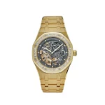 Audemars Piguet Royal Oak Double Balance Wheel Openworked Frosted Yellow Gold watch with a 41mm case, showcasing a skeletonized dial and intricate mechanical movement.