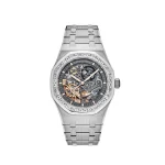 Audemars Piguet Royal Oak Double Balance Wheel Openworked Baguette Bezel in white gold, showcasing a skeletonized dial and a bezel adorned with baguette-cut diamonds.