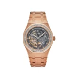Audemars Piguet Royal Oak Double Balance Wheel Openworked Baguette 15412OR.ZZ.1220OR.01, featuring an 18k rose gold case, skeletonized dial, and baguette-cut diamond bezel.