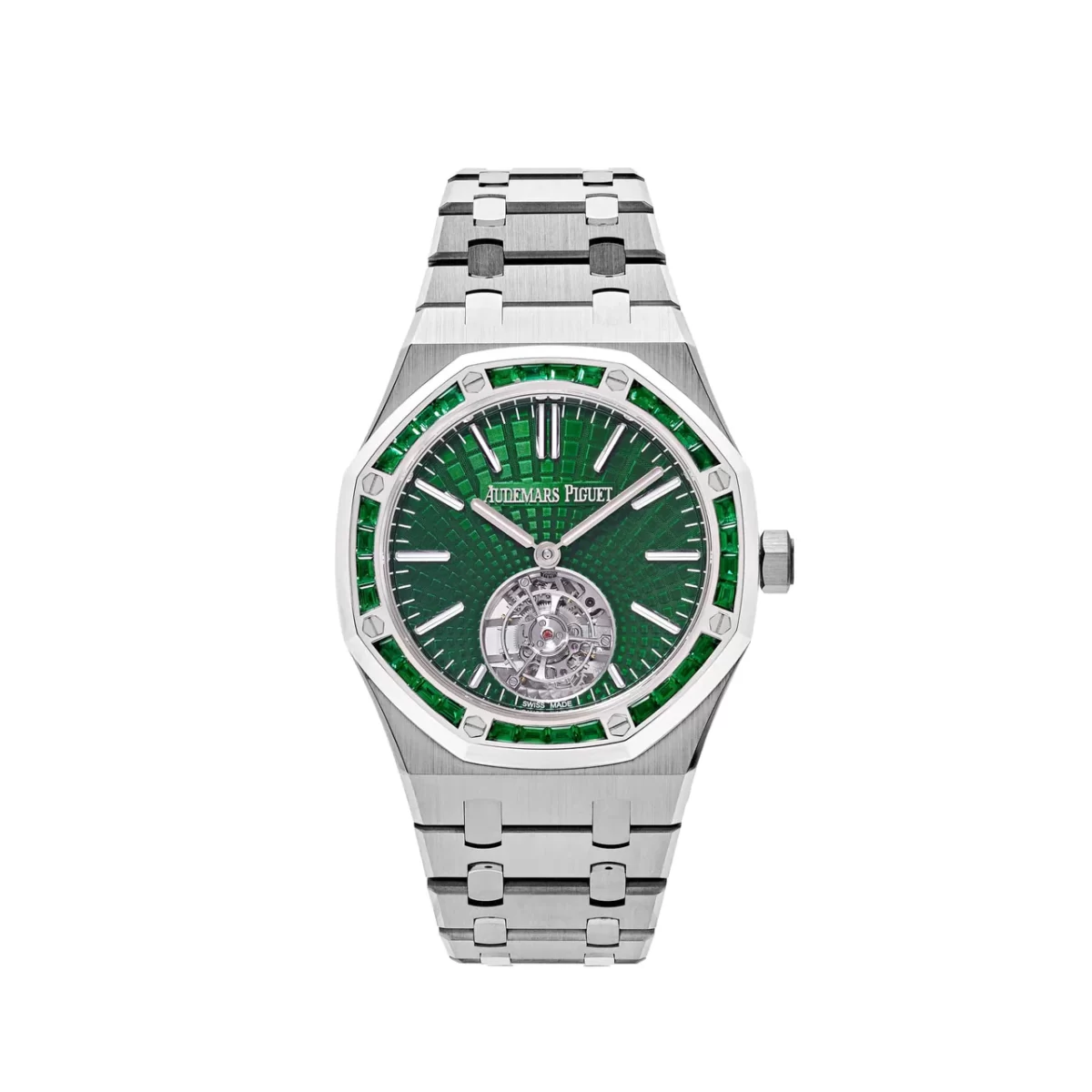 Audemars Piguet Royal Oak Selfwinding Flying Tourbillon 26532IC.EE.1220TI.01 with a titanium case, emerald green dial, white gold bezel set with emeralds, and a skeleton tourbillon.