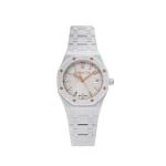 Audemars Piguet Royal Oak 77350CB.OO.1266CB.01 34mm white ceramic watch with silver 'Grande Tapisserie' dial and rose gold accents.