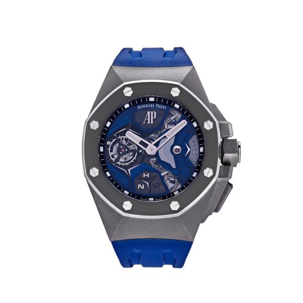 Audemars Piguet Royal Oak Concept Flying Tourbillon GMT Titanium 26589IO.OO.D030CA.01, lightweight titanium case, open-worked dial, black rubber strap, flying tourbillon.