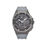Audemars Piguet Royal Oak Concept 26589TI.GG.D006CA.01, 44mm titanium case with open-worked dial, flying tourbillon, GMT function, and grey leather strap.