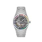 Audemars Piguet Royal Oak Double Balance Wheel Openworked Rainbow Bezel Frosted White Gold watch with a 41mm case, showcasing vibrant gemstones and a skeletonized dial.