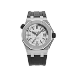 Audemars Piguet Royal Oak Offshore Diver 15710ST.OO.A002CA.02, 42mm stainless steel case, silver-toned Méga Tapisserie dial, black rubber strap, and 300m water resistance.