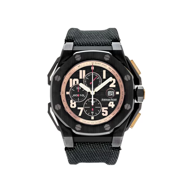 Audemars Piguet Royal Oak Offshore 'Arnold Schwarzenegger The Legacy Chronograph' 26378IO.OO.A001KE.01, limited edition 48mm titanium case with orange accents and skeletonized dial.