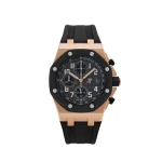 Experience the Audemars Piguet Royal Oak Offshore 26238OK.OO.A002CA.01 Chronograph. Crafted in 42mm rose gold, featuring a black 'Grande Tapisserie' dial, and paired with a black rubber strap.
