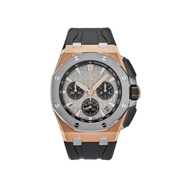 Audemars Piguet Royal Oak Offshore Chronograph 26420OI.OO.A015VE.01 with 43mm rose gold case, grey "Méga Tapisserie" dial, black rubber strap, and water resistance up to 100 meters.