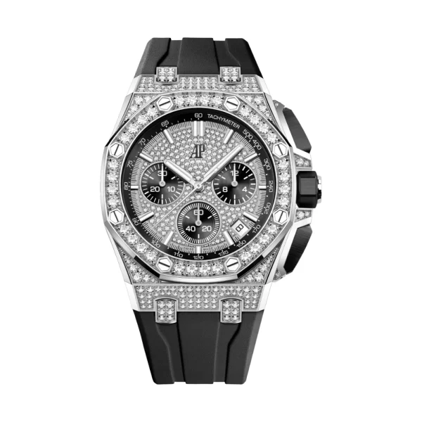 Audemars Piguet Royal Oak Offshore Chronograph 25940SK.OO.D002CA.02 with a 42mm stainless steel case, black dial, silver-toned hands, exposed screws, and black rubber strap.