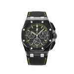 Audemars Piguet Royal Oak Offshore Chronograph Black Ceramic "End of Days" 26420CE.OO.A005VE.01 with a 43mm black ceramic case, yellow gold accents, and leather strap.