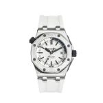Audemars Piguet Royal Oak Offshore Diver 15710ST.OO.A010CA.01, 42mm stainless steel case, white dial, rotating inner bezel, black rubber-clad crowns, and 300m water resistance.
