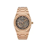 Audemars Piguet Royal Oak 16204OR.OO.1240OR.03 Openworked 'Jumbo' Extra-Thin watch in rose gold with a 39mm case, slate openworked dial, pink gold hour-markers, luminescent hands, and rose gold bracelet.