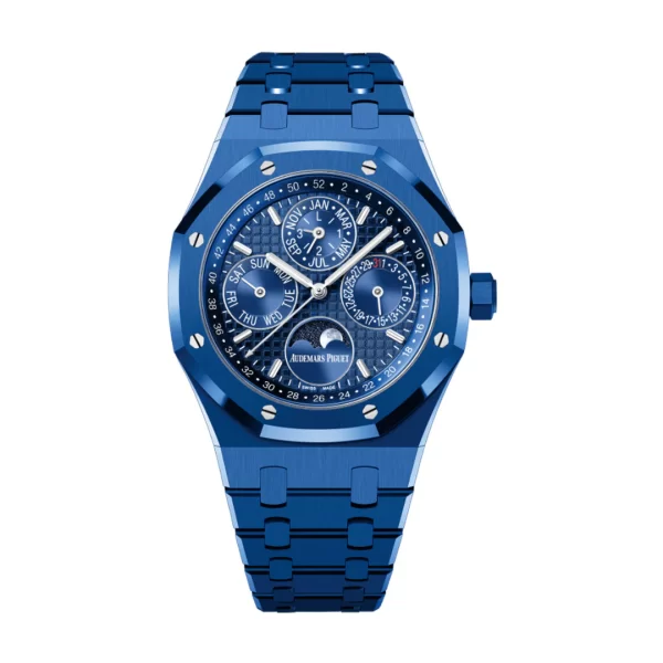 Audemars Piguet Royal Oak Perpetual Calendar 26579CS.OO.1225CS.01 with 41mm blue ceramic case, Grande Tapisserie dial, and matching blue ceramic bracelet.