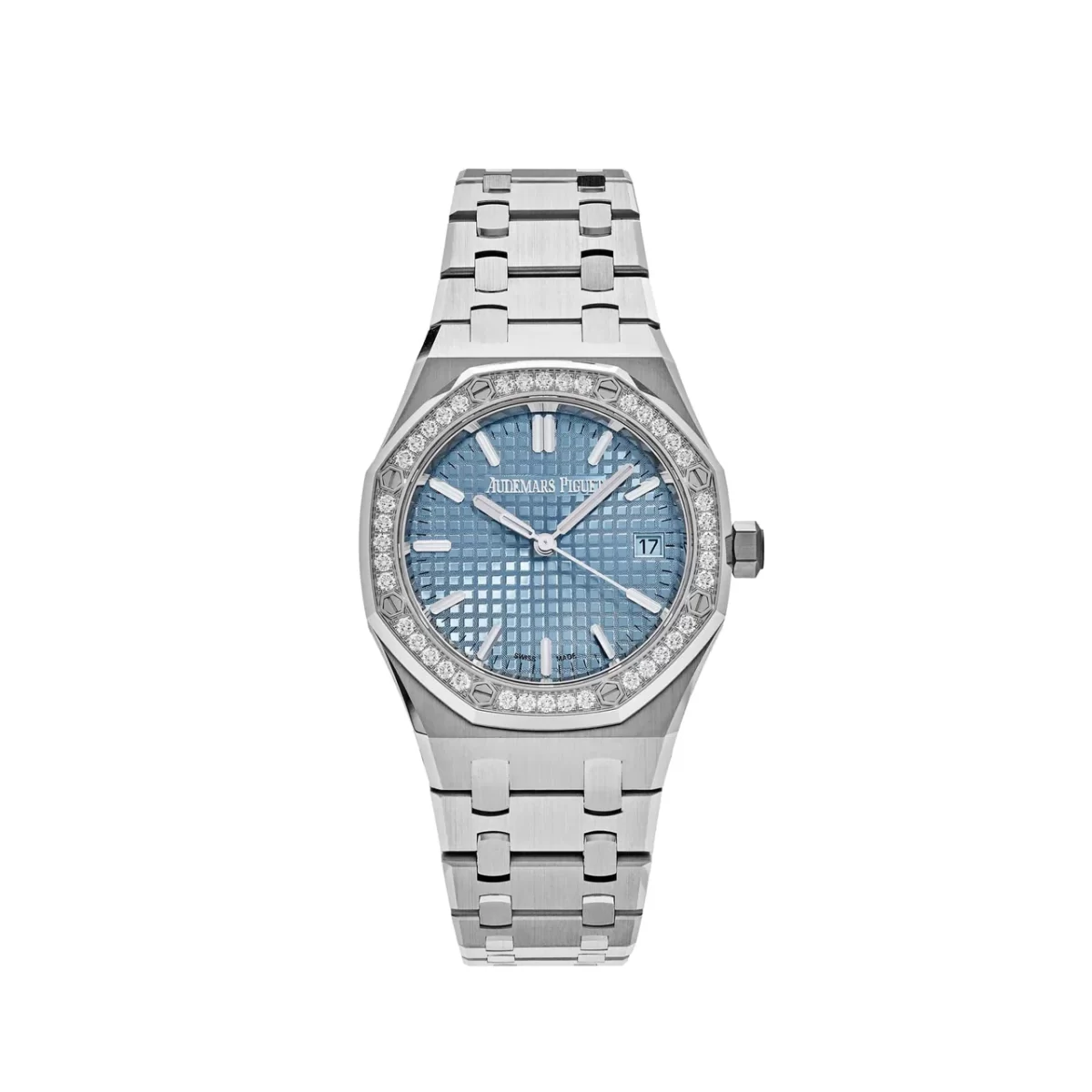Audemars Piguet Royal Oak Selfwinding 77451ST.ZZ.1361ST.03 watch featuring a 34mm stainless steel case, diamond-set bezel, light blue 'Grande Tapisserie' dial, and stainless steel bracelet.