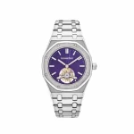 Audemars Piguet Royal Oak Tourbillon Extra Thin 26522ST.OO.1220ST.01 with a stainless steel case, purple Grande Tapisserie dial, and hand-wound tourbillon movement.