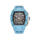 Richard Mille RM 11 Baby Blue Ceramic Last Edition for Felipe Massa with a baby blue ceramic case, skeletonized dial, and black strap showcasing elegant and sporty luxury design.