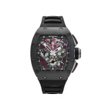 Richard Mille RM 011 Felipe Massa Chronograph with titanium case, red hour markers, skeletonized dial, and black rubber strap showcasing high-performance watchmaking.