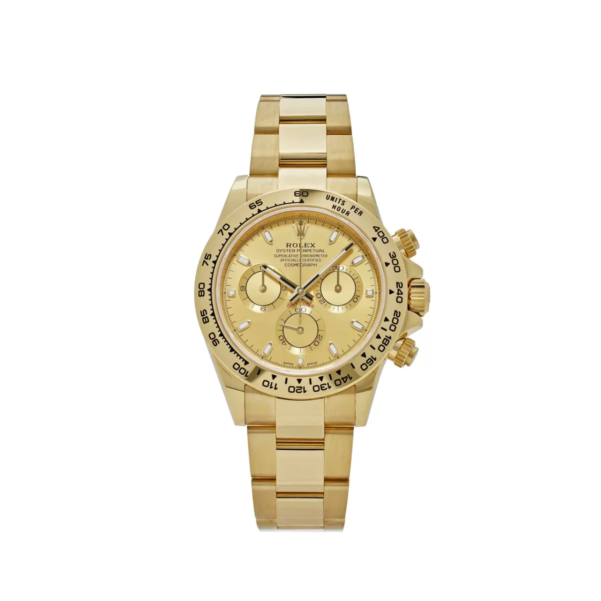 Rolex Daytona 116508 with 40mm yellow gold case, champagne dial, engraved tachymetric bezel, and luminous hour markers, powered by the Rolex Caliber 4130 movement.