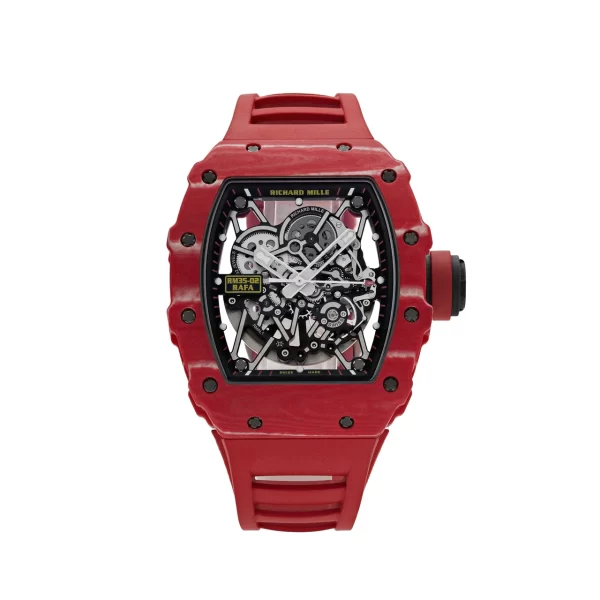 Richard Mille Rafael Nadal RM 035-02 with a red NTPT carbon case, skeletonized dial, and red rubber strap, showcasing sporty elegance and cutting-edge watchmaking technology.