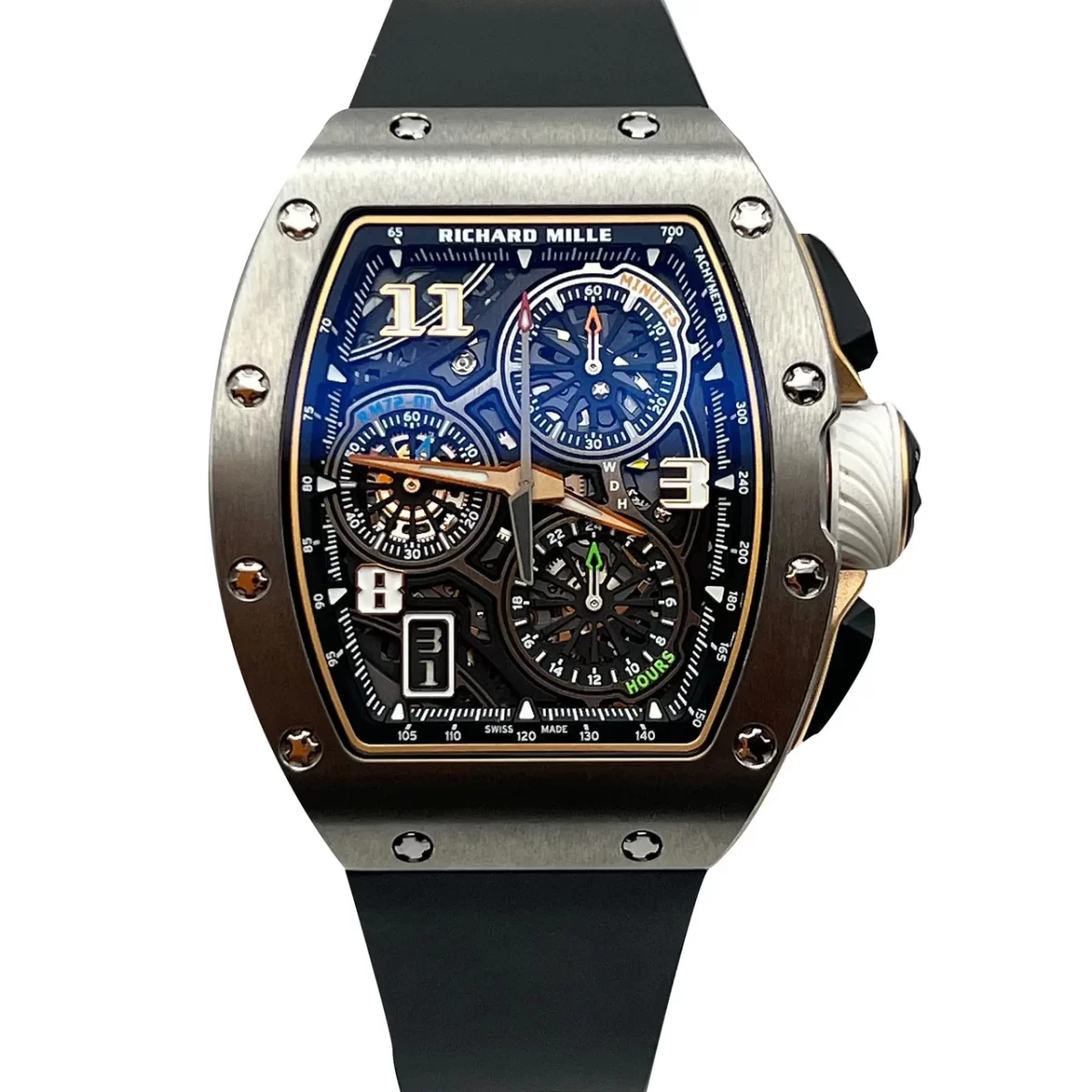 Richard Mille RM 72-01 Lifestyle In-House Chronograph Titanium with a black rubber strap, flyback chronograph, transparent dial, and a 38.4 x 47.34 mm titanium case.