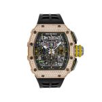 Richard Mille RM 11-03 with a 50mm rose gold case set with diamonds, skeletonized dial, and black rubber strap.