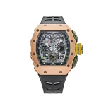 Richard Mille RM 11-03 rose gold with a skeletonized dial, rubber strap, and flyback chronograph, showcasing a blend of elegance and performance.