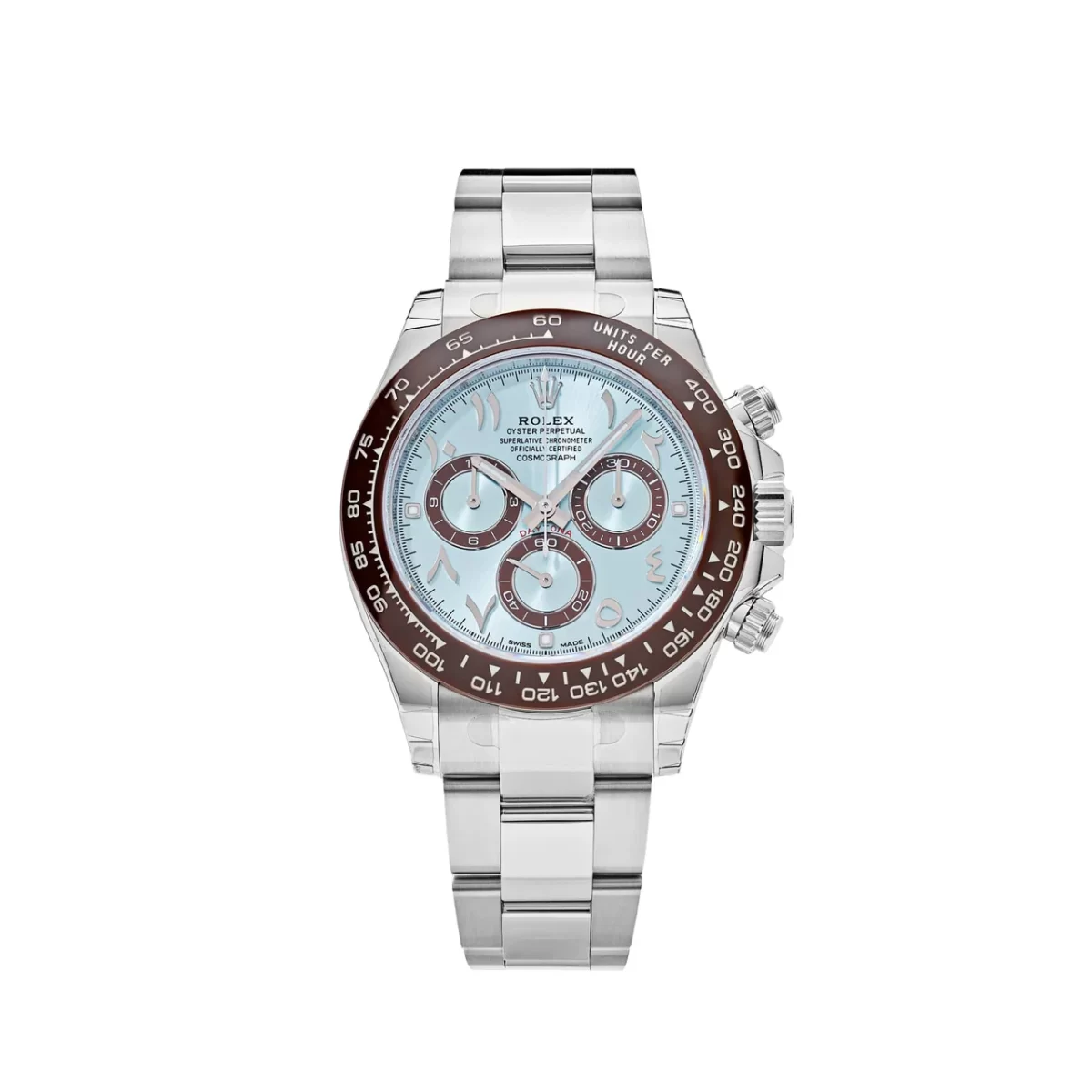 Rolex Daytona 116506 with a 40mm platinum case, ice-blue dial, luminous Chromalight hands, sub-dials, and a tachymetric brown bezel on a platinum Oyster-style bracelet.