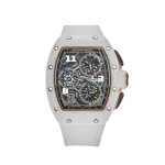 Richard Mille RM 72-01 Lifestyle In-House Chronograph in white ceramic with transparent dial, black rubber strap, and advanced flyback chronograph function.