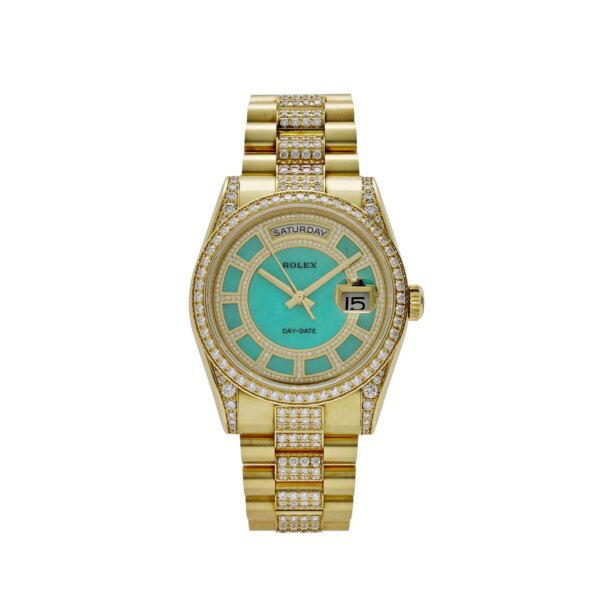 Rolex Day-Date 118388 Yellow Gold Jade Green Dial with Pavé Diamonds and Diamond-Set President Bracelet.