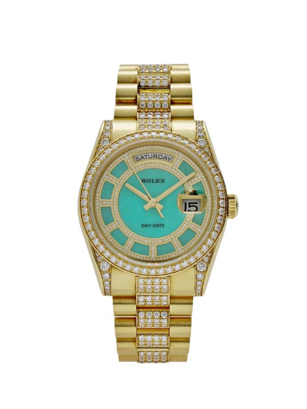 Rolex Day-Date 118388 Yellow Gold Jade Green Dial with Pavé Diamonds and Diamond-Set President Bracelet.
