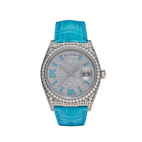 Rolex Day-Date 128159RBR White Gold Diamond Roman Dial with Turquoise Leather Strap and Gem-Set Bezel.