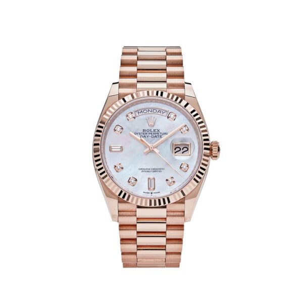 Rolex Day-Date 36 Rose Gold Mother of Pearl Diamond Dial with President Bracelet.