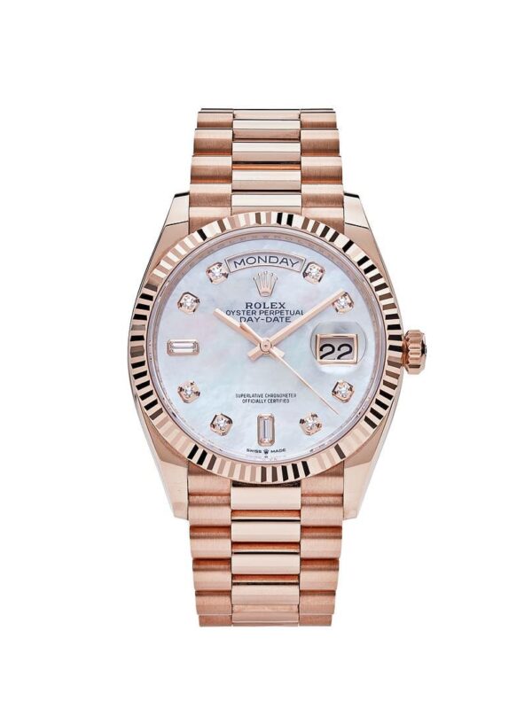 Rolex Day-Date 36 Rose Gold Mother of Pearl Diamond Dial with President Bracelet.