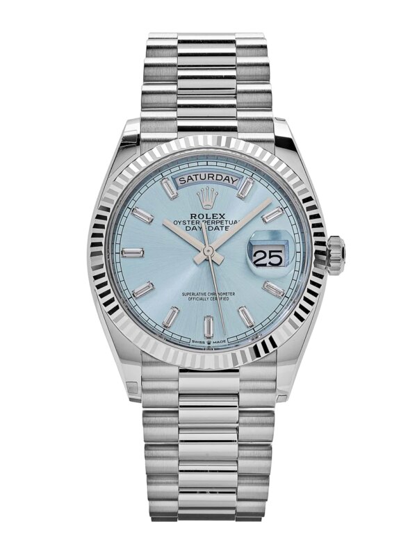 Rolex Day-Date 128236 platinum watch with an ice blue dial and baguette-cut diamond hour markers.