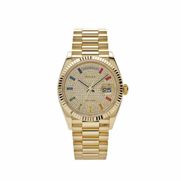 Rolex Day-Date 128238 Yellow Gold Diamond-Paved Rainbow Dial with Fluted Bezel and Presidential Bracelet.