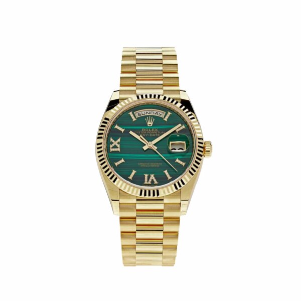 Rolex Day-Date 36 Yellow Gold Watch with Green Malachite Dial, Roman Numerals, and Diamond Bezel.
