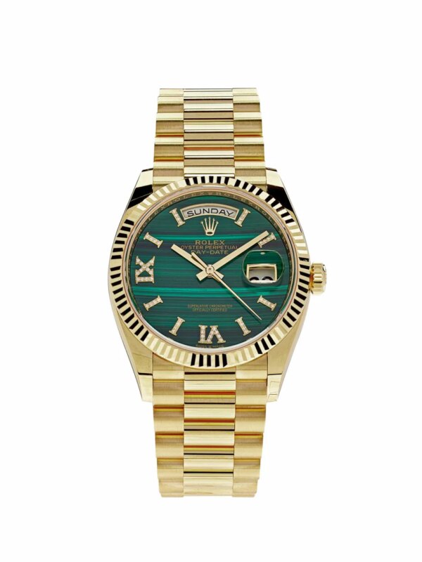 Rolex Day-Date 36 Yellow Gold Watch with Green Malachite Dial, Roman Numerals, and Diamond Bezel.