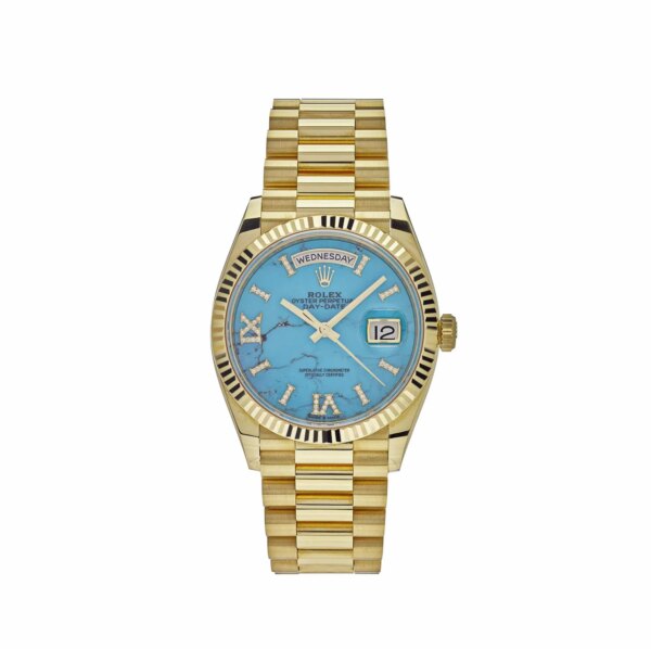 Rolex Day-Date 36 Yellow Gold Watch with Turquoise Diamond Dial and Smooth Polished Finish.