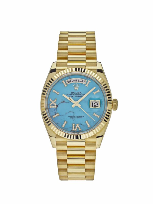 Rolex Day-Date 36 Yellow Gold Watch with Turquoise Diamond Dial and Smooth Polished Finish.