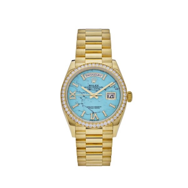 Rolex Day-Date 36 Yellow Gold Watch with Turquoise Diamond Dial, Diamond Bezel, and President Bracelet.