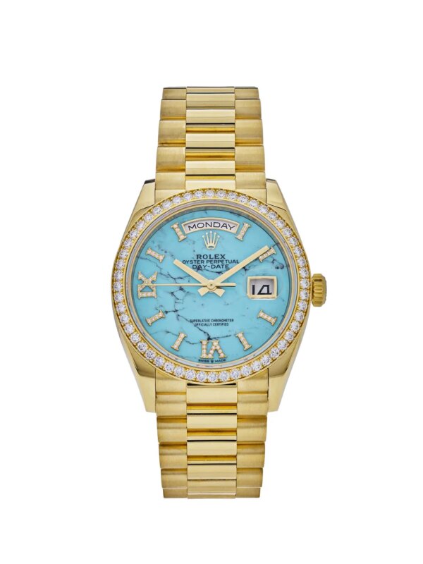Rolex Day-Date 36 Yellow Gold Watch with Turquoise Diamond Dial, Diamond Bezel, and President Bracelet.
