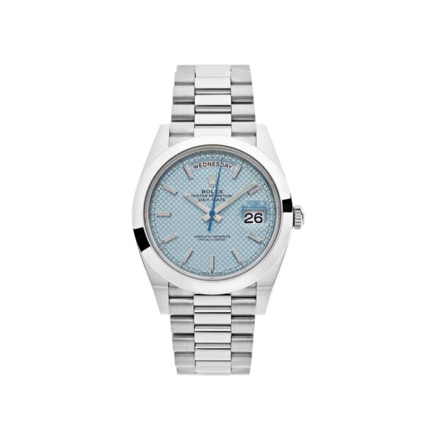 Rolex Day-Date 228206 Platinum 40mm Watch with Ice Blue Diagonal Motif Dial and Platinum President Bracelet.