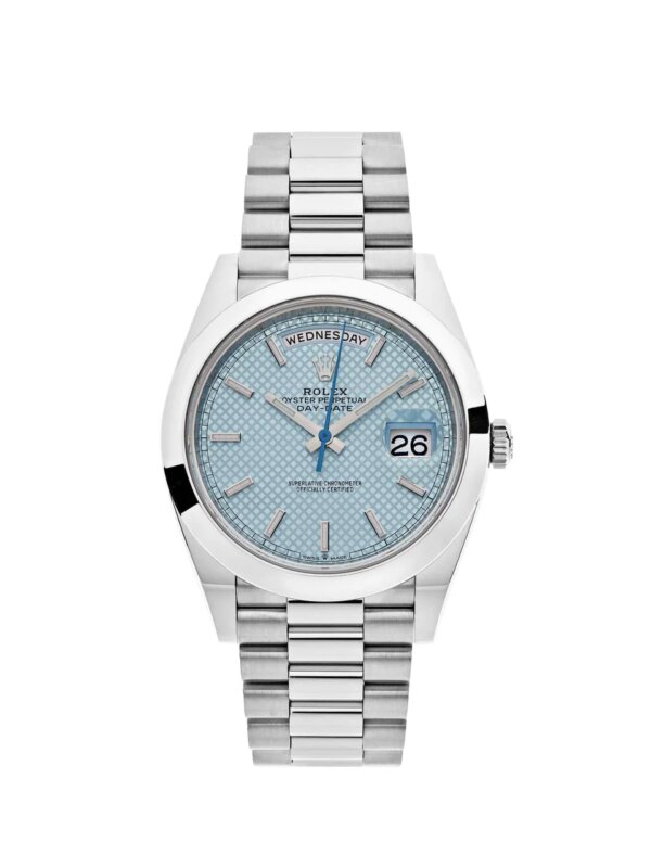 Rolex Day-Date 228206 Platinum 40mm Watch with Ice Blue Diagonal Motif Dial and Platinum President Bracelet.