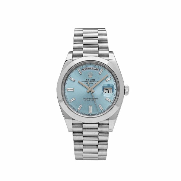 Rolex Day-Date 228206 platinum watch with an ice-blue dial and diamond hour markers.