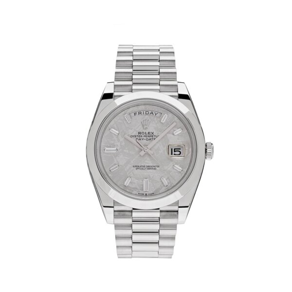 Rolex Day-Date 40 Platinum Watch with Meteorite Diamond Dial and Caliber 3255 Movement.